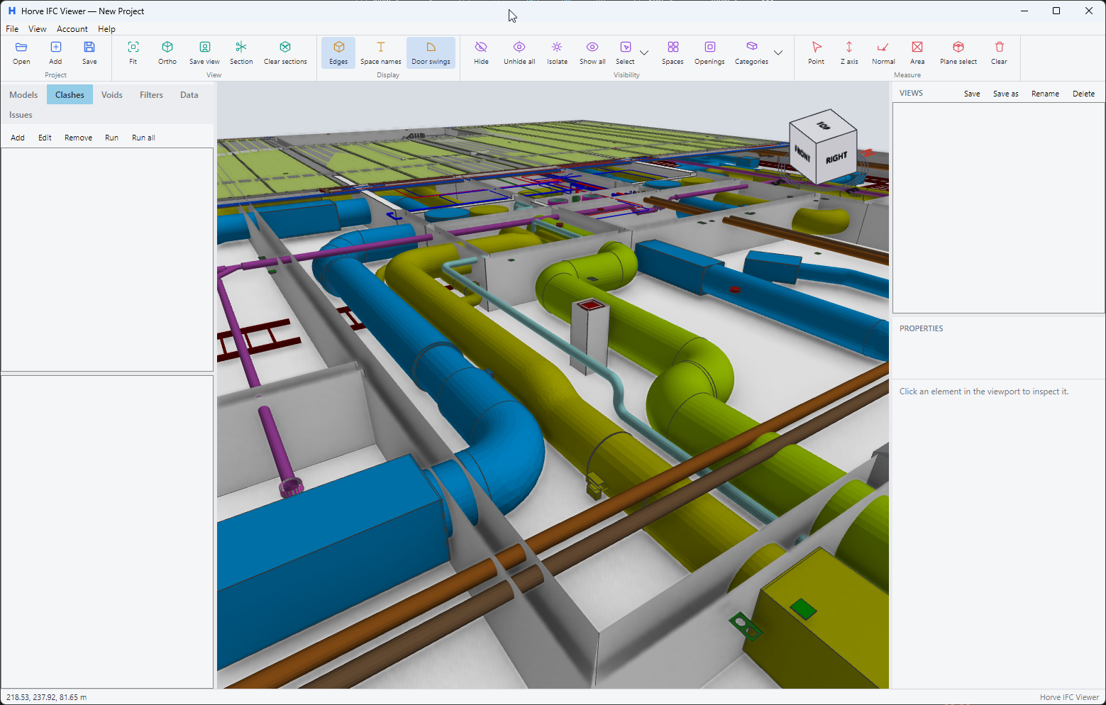 Horve IFC Viewer showing a federated building model with color-coded ducts, pipes and cable trays running above a suspended ceiling