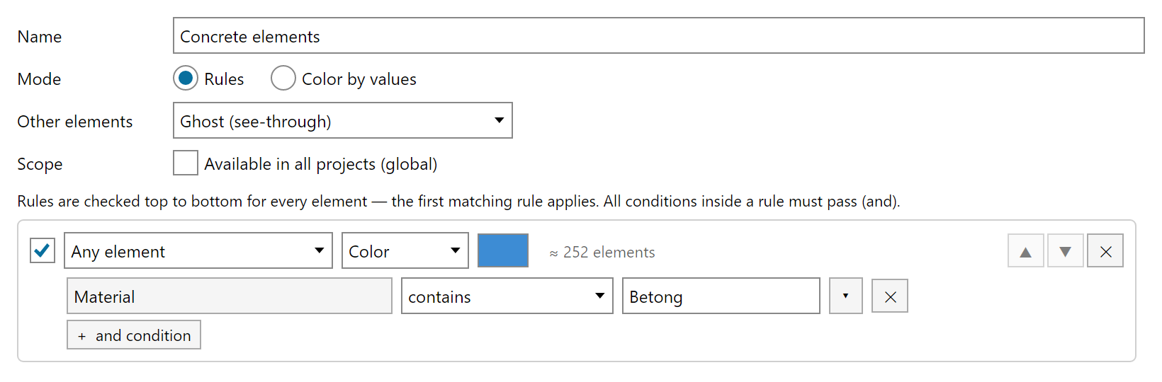 The filter editor with a rule matching elements whose Material contains Betong, colored blue, with other elements ghosted