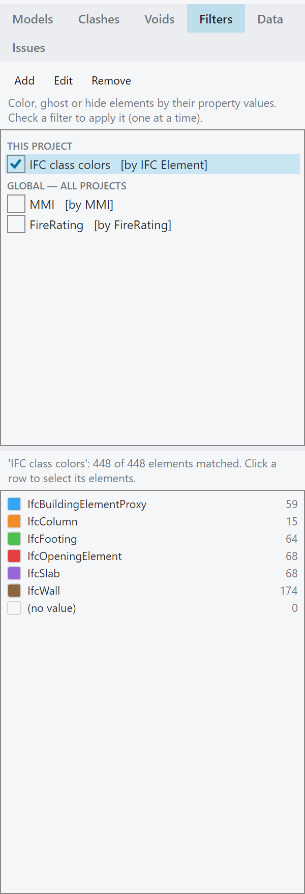 The Filters tab with an active IFC class colors filter and a legend listing element classes with their colors and counts